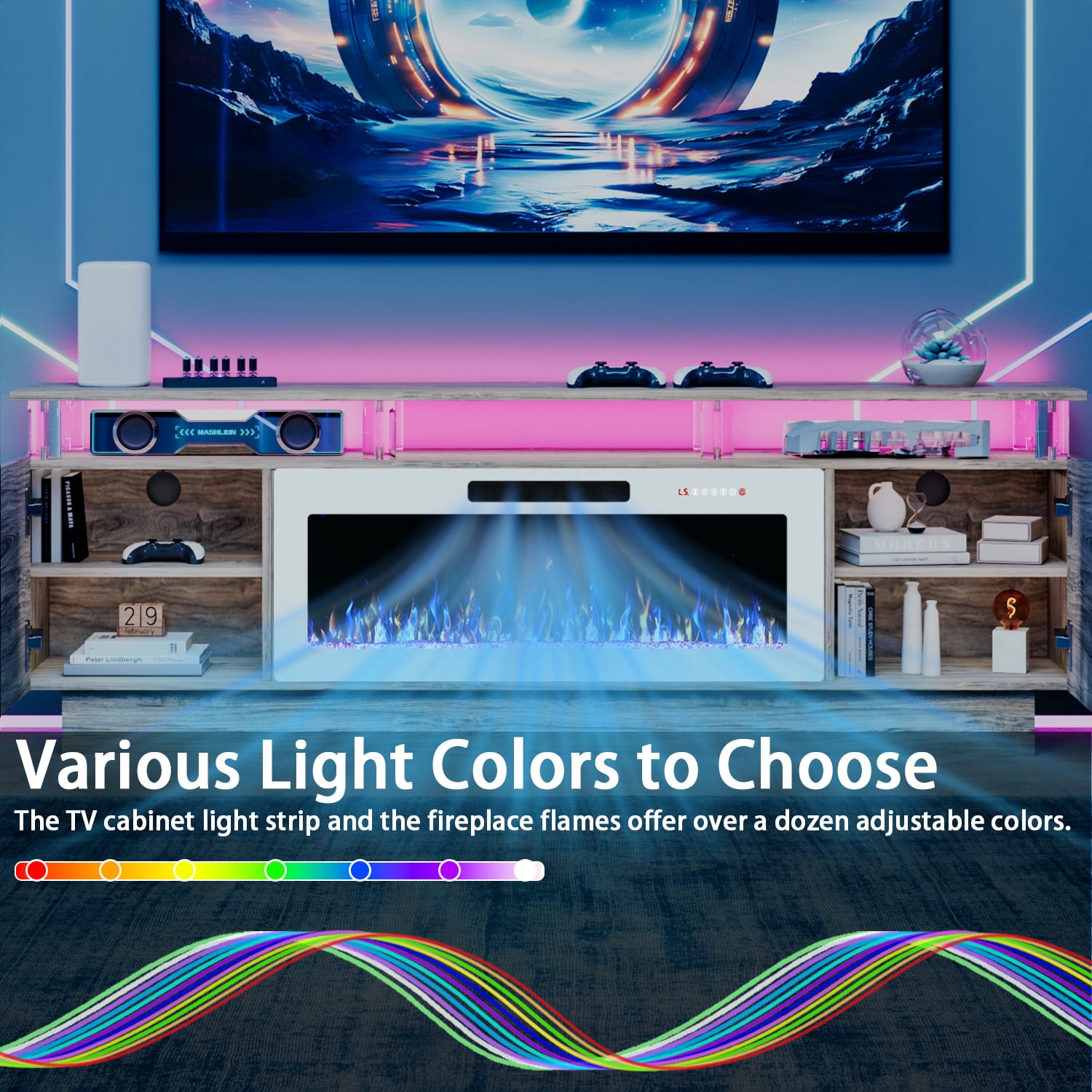 Waleaf 70" Fireplace TV Stand with Glowing Acrylic Pillars, 36" Electric Fireplace for TVs Up to 80", High Gloss Entertainment Center with 20-Color LED Lights, Gray