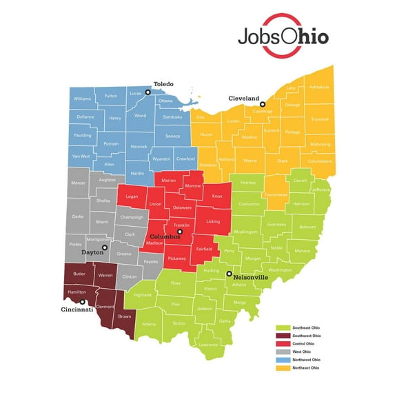 24"x32" Heavyweight Photo Paper Quality Poster: Economic Map - Map of JobsOhio Network Regions