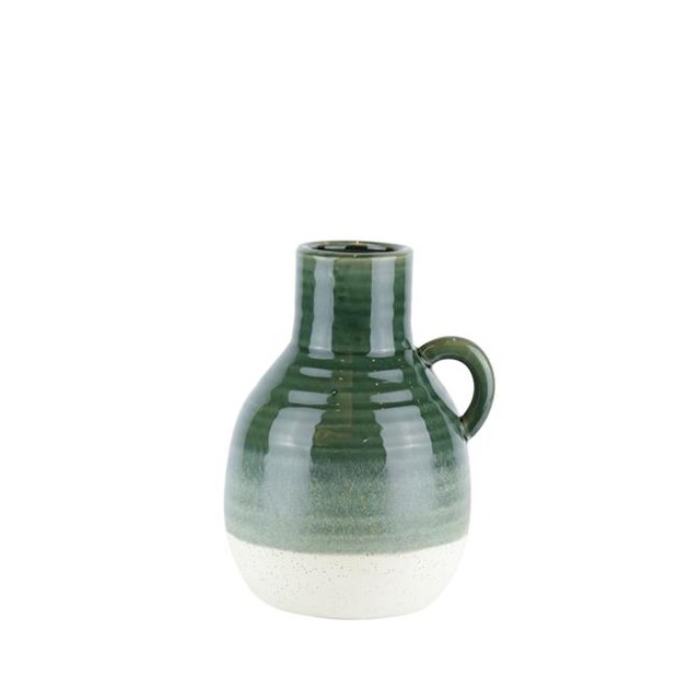 Benzara BM188113 Ribbed Patterned Ceramic Vase with Handle - Green & White - Large