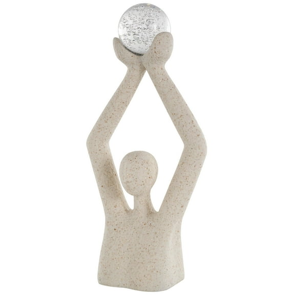10" x 21" Cream Polystone Abstract Textured People Sculpture with Clear Glass Ball and Gold Speckles, by DecMode