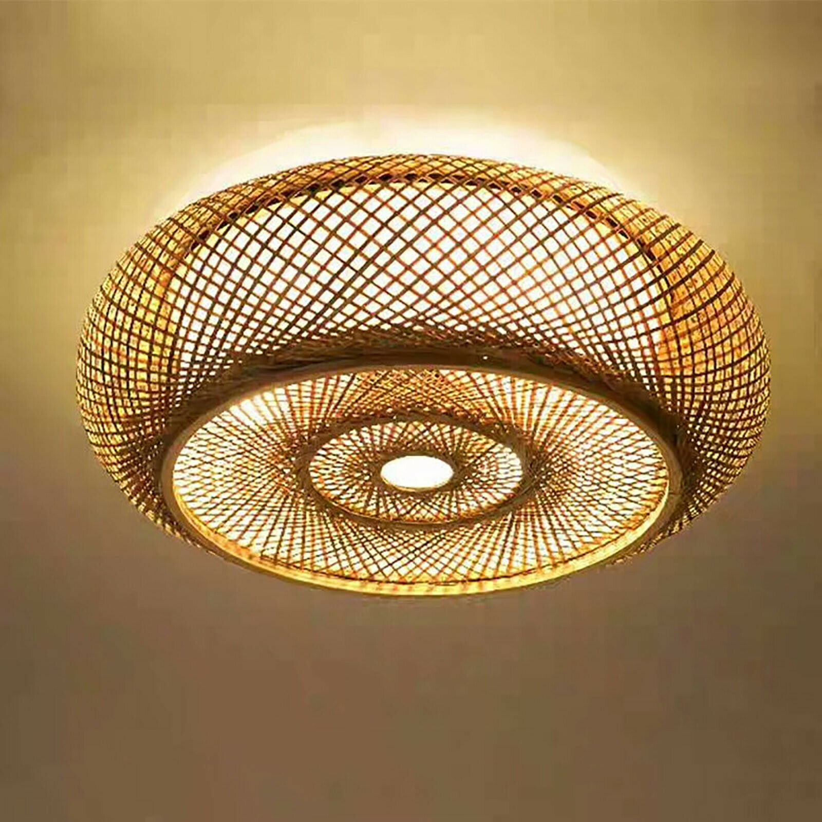 Oukaning E26 Bamboo Wicker Rattan Lantern Ceiling Light Fixture Flush Mount Pendant Lamp