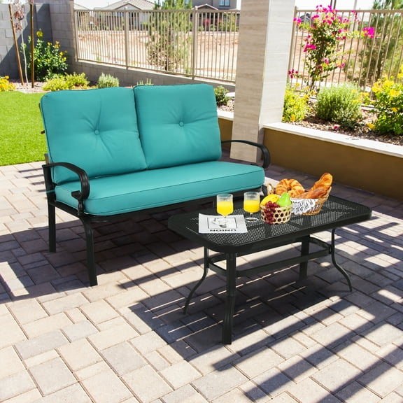 Costway 2PCS Patio Loveseat Bench Table Furniture Set Cushioned Chair Turquoise