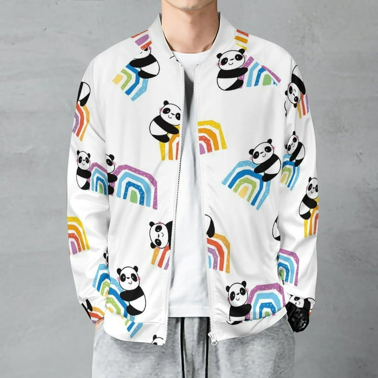 Panda And Rainbow Jacket for Men Lightweight Casual Zip Up Bomber Jacket Men Spring Fall Windbreaker Coat with Pocket Walmart