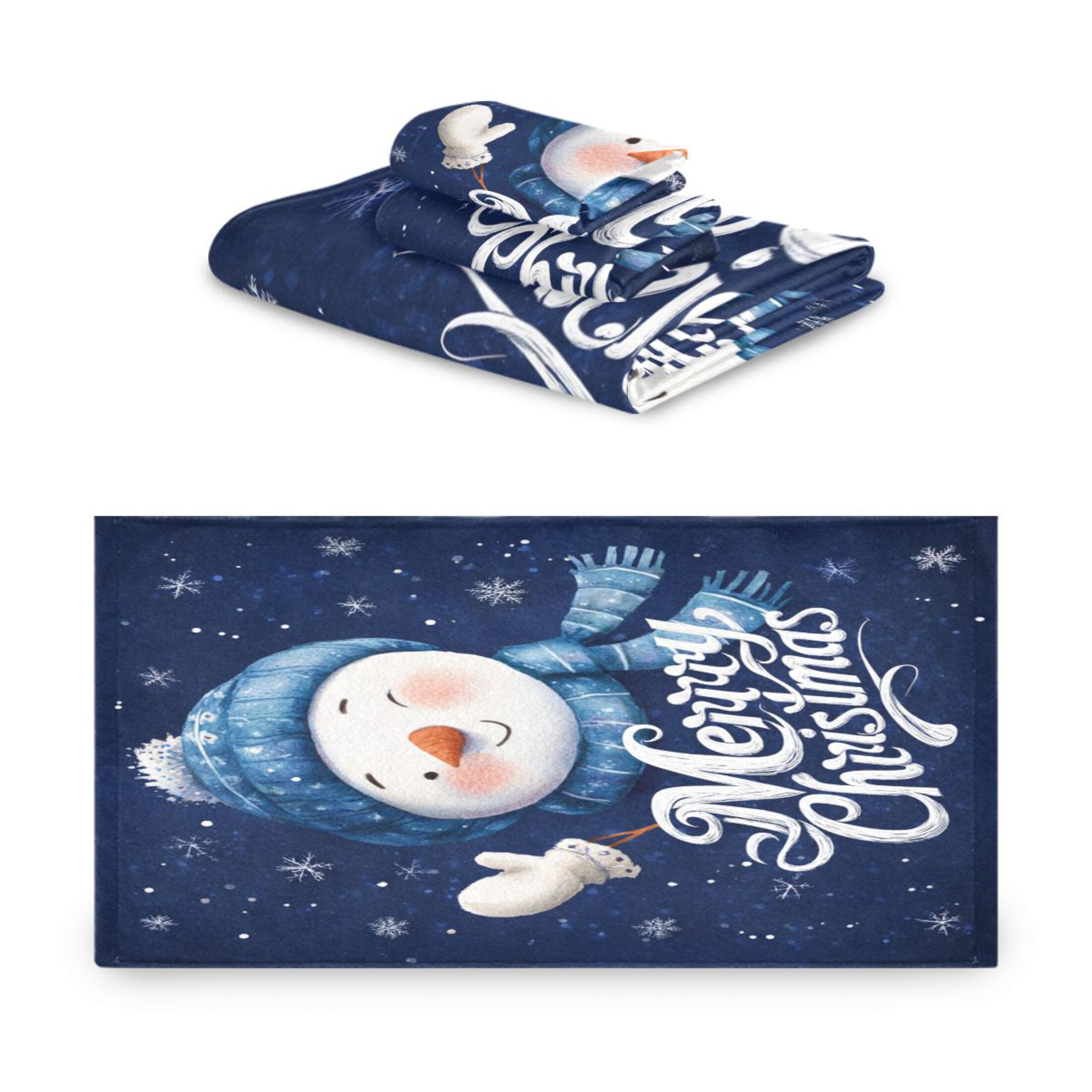 3 Piece Bath Towels Set Bath Towel, Hand Towel and Face Towel for Bathroom, Gym, Hotel Snowman Wearing Blue Scarf and Hat