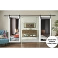 thumbnail image 3 of Sturdy Double Barn Door with Mirror | Lucia 1299 White Silk | 13FT Rail Hangers Heavy Set | Solid Panel Interior Doors-72" x 80" (2* 36x80)-Black Rail-Mirror, 3 of 6