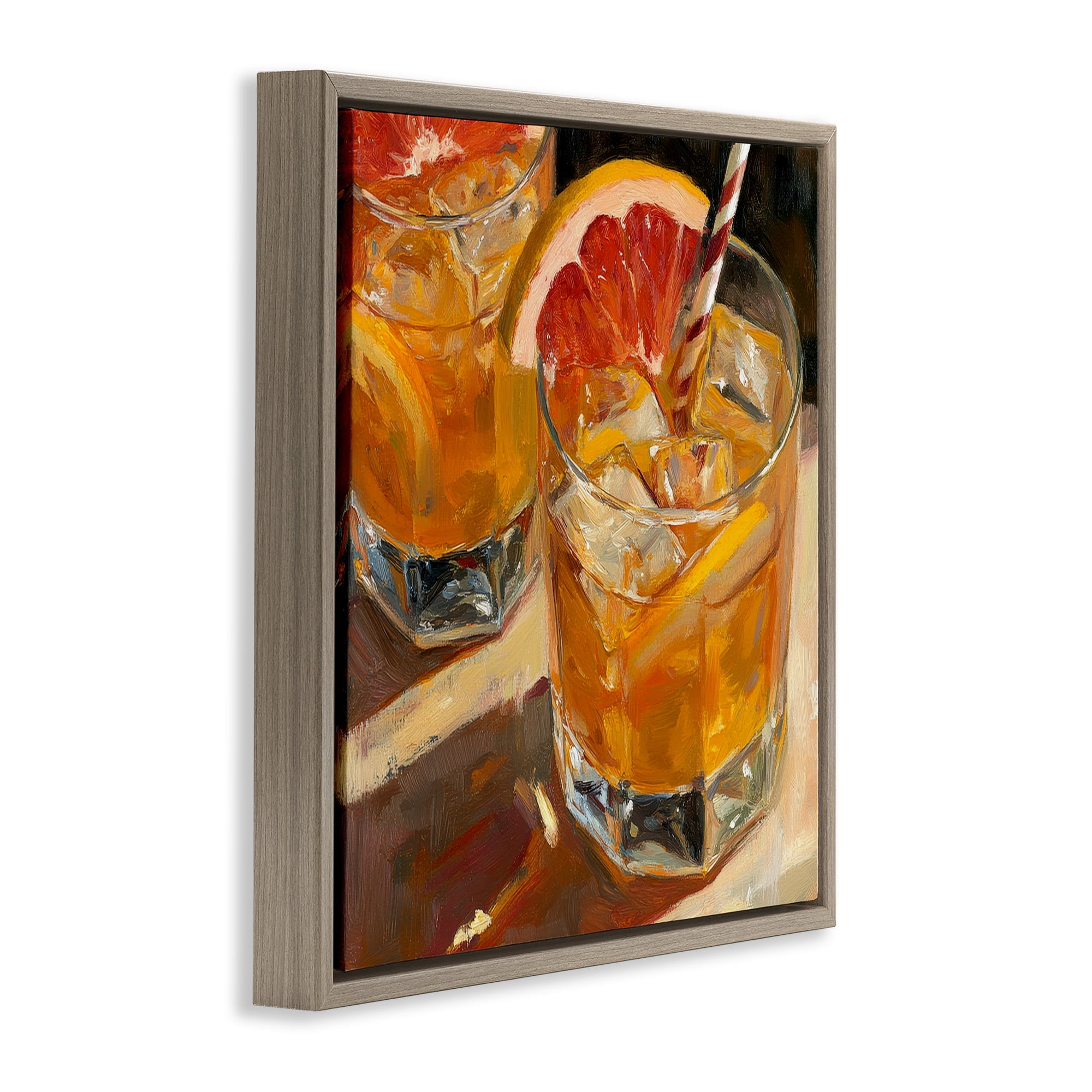 Stupell Industries Grapefruit Cocktail with Ice Cubes Brown Framed Floater Canvas Wall Art, design by Petal Prints Design
