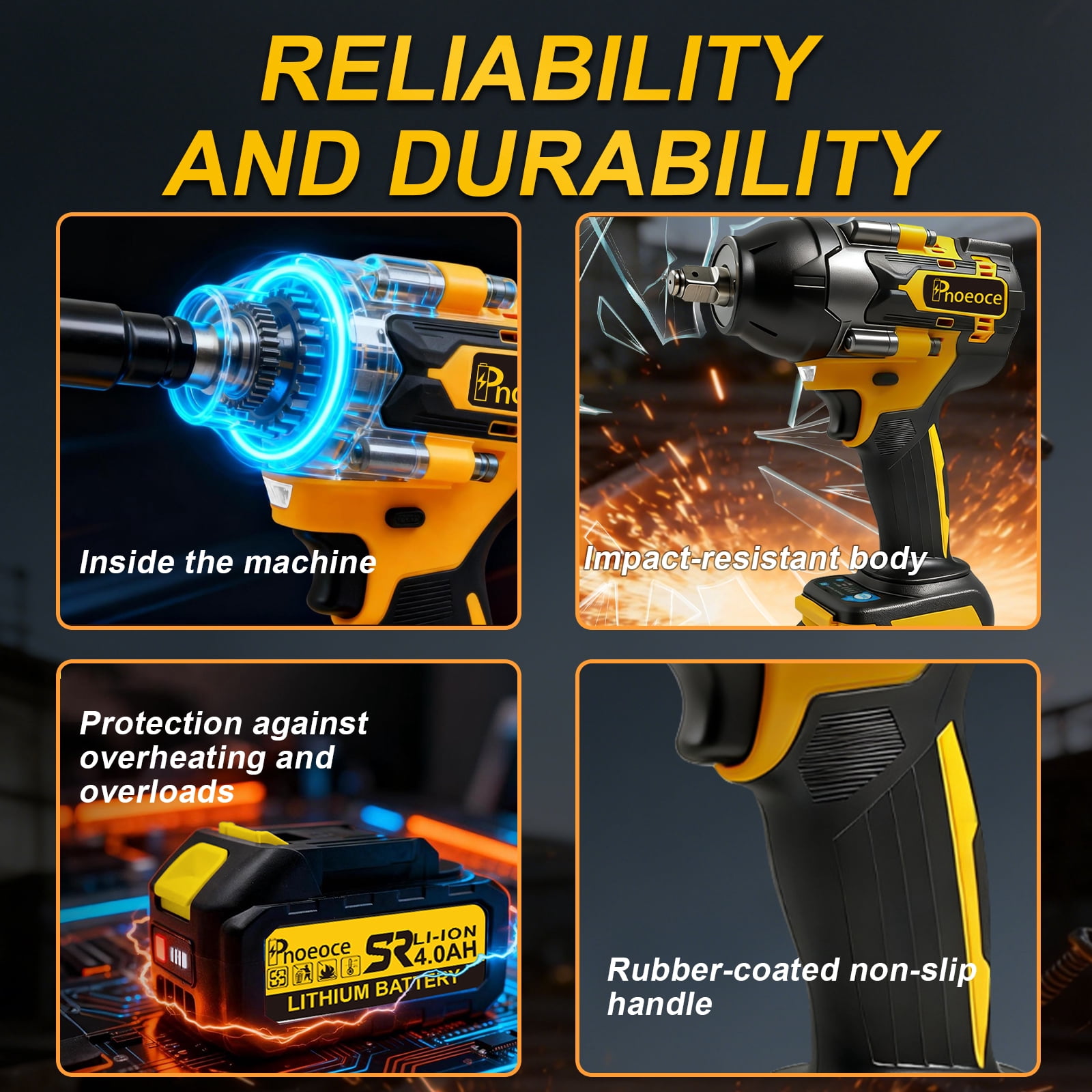 Pnoeoce 850N.m Brushless Cordless Impact Wrench,1/2 Impact Gun,20V High Torque,3200RPM with 2x 4.0Ah Batteries and 4 Sockets Included