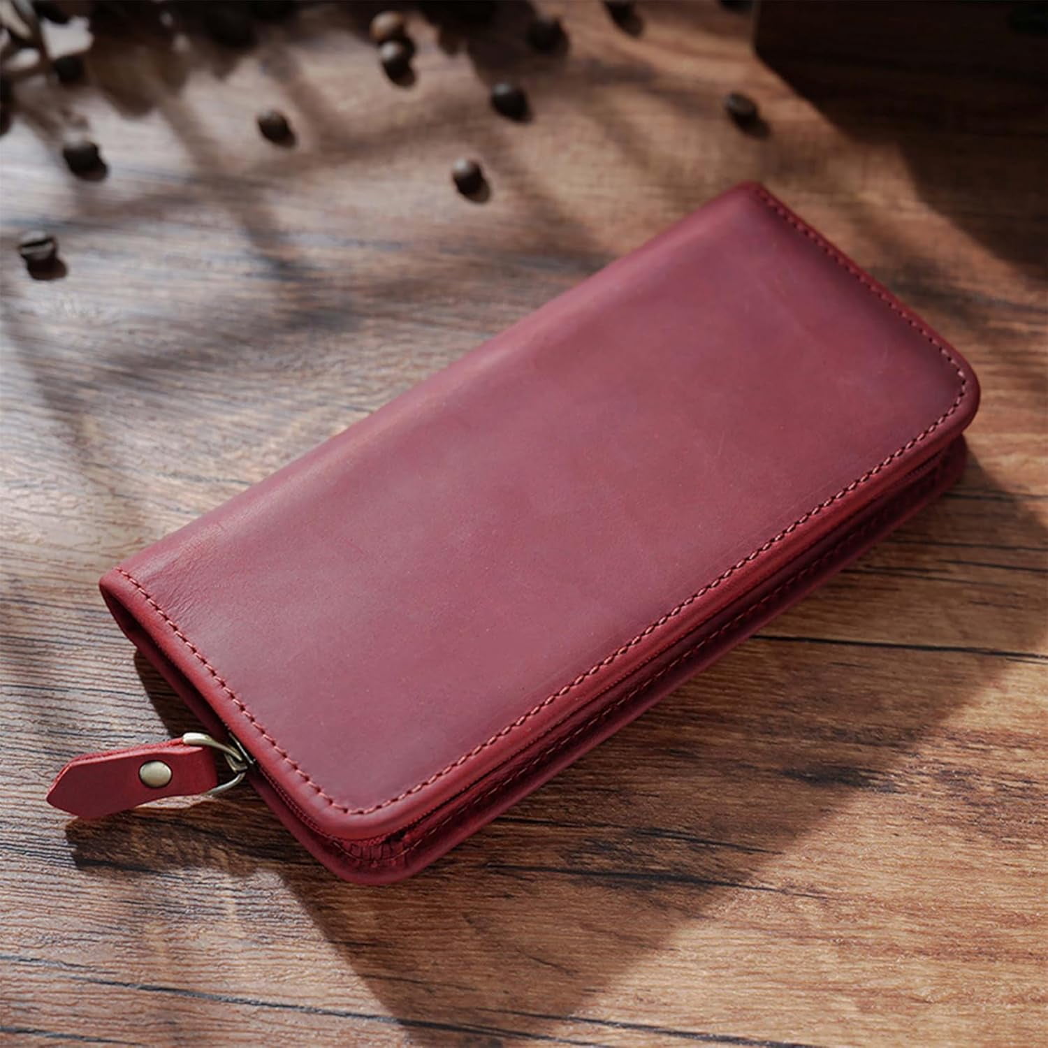 ABPETE Vintage Leather Fountain Pen Case 3 Divided Slots, Zippered Pen Case Pouch, Handmade Display Holder for Rollerball Pen (Red)