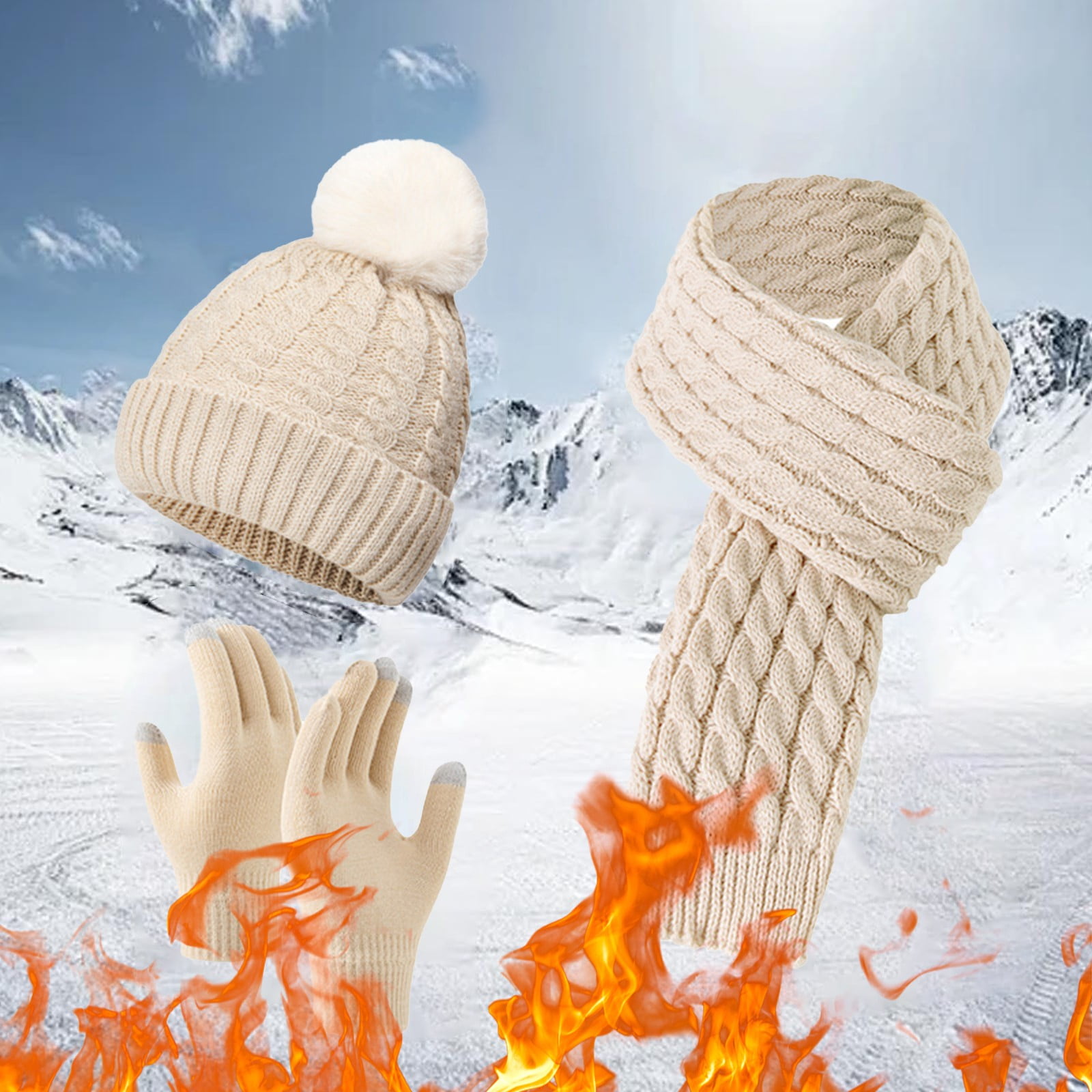 WTXUE Winter Warm Knit Scarf Gloves Beanie Hat Set Hat Circle Scarf Touchscreen Gloves Set,Snow Knit Skull Cap,Warm Thick Fleece Lined Neck Warmer Scarf Set Beige One Size