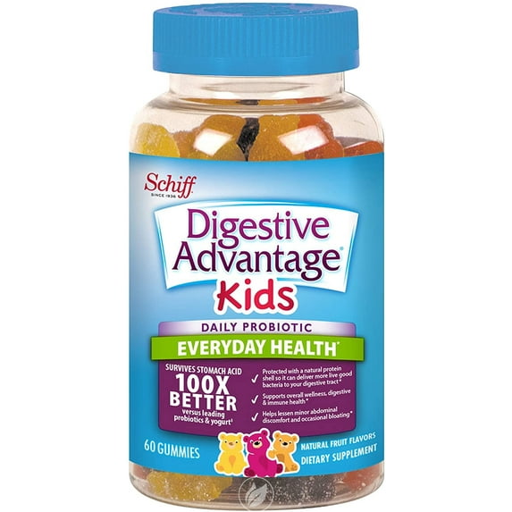 Digestive Advantage Kids Daily Probiotic Gummies- Helps Reduce Minor Abdominal Discomfort & Bloating, 60 Count, Natural Fruit Flavors