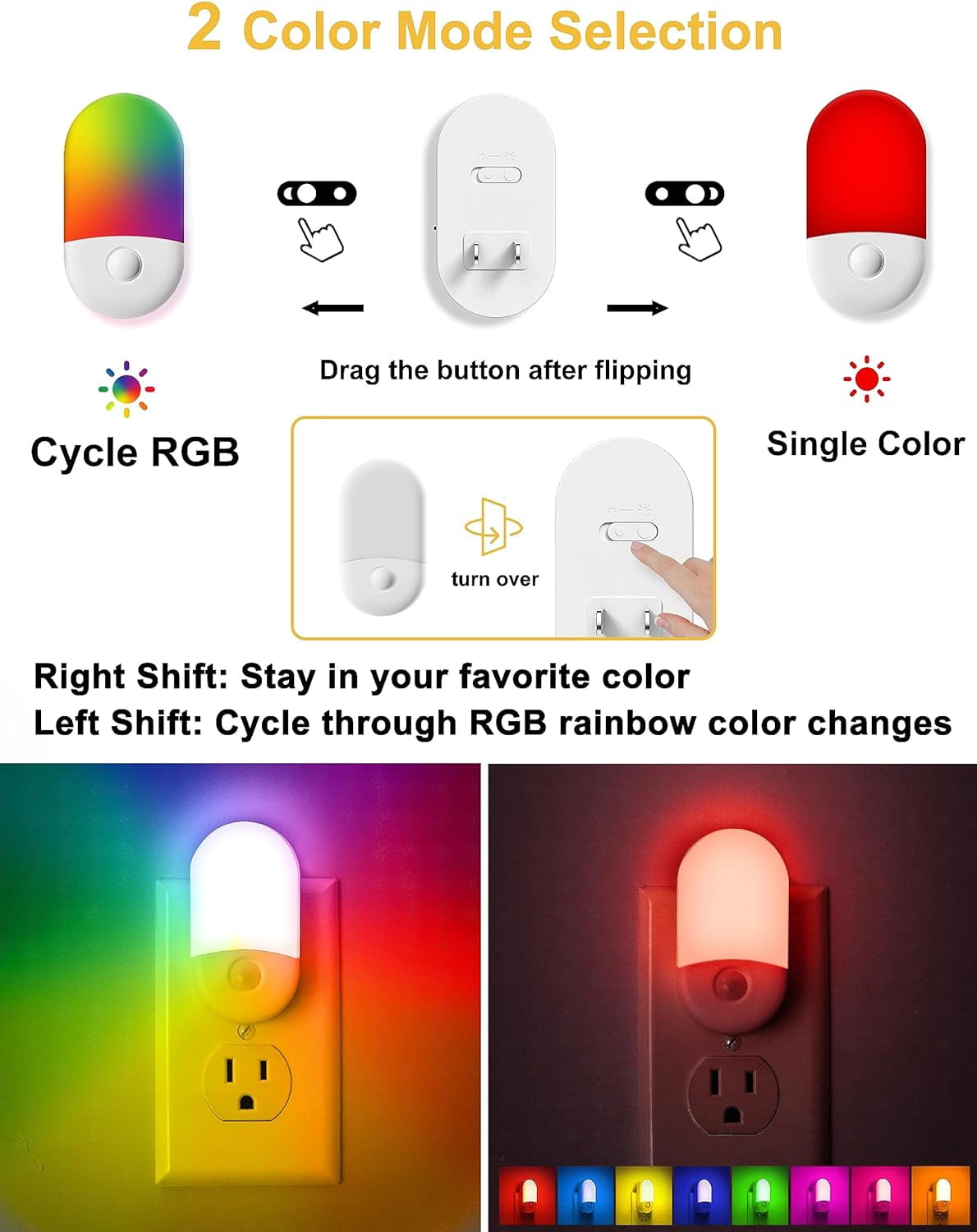 Night Light for Kids [2 Pack], 8-Color Changing Night Lights Plug into Wall, RGB LED Nightlights, Nightlight with Light Sensor, Cute Night Light for Bathroom Decor, Children Room,Gift
