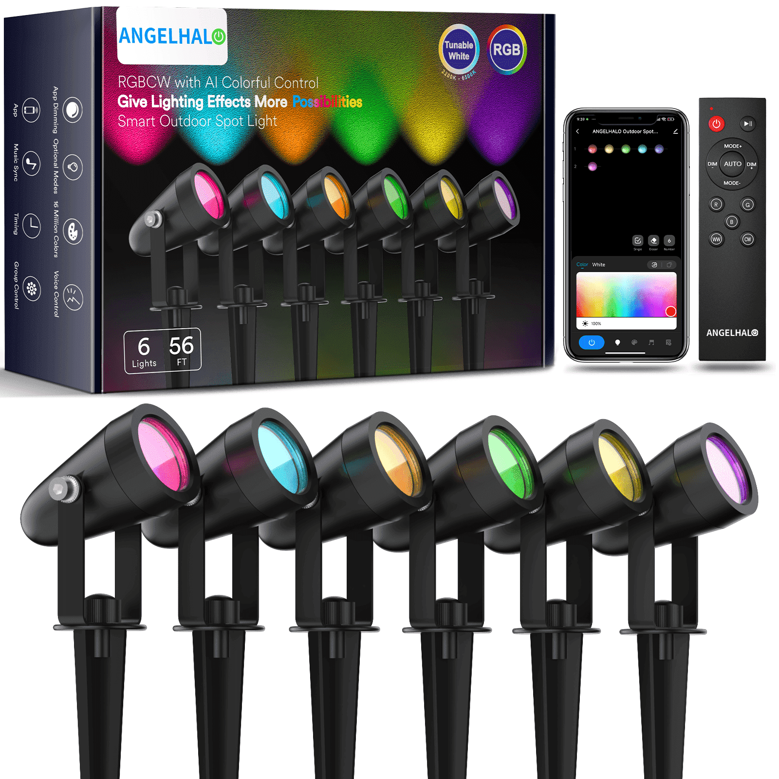 ANGELHALO Smart Landscape Lights, Low Voltage IP65 Waterproof Outdoor Spotlights Compatible with APP/Voice/Alexa Control, Color Changing Lights for Yard Garden Pathway Lawn, 6 Pack