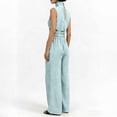thumbnail image 4 of LEKWK Linen Sets for Women 2 Piece High Neck Sleeveless Cinched Tops and High Waisted Wide Leg Pants with Pockets Summer Casual Loose Solid Outfits, 4 of 8