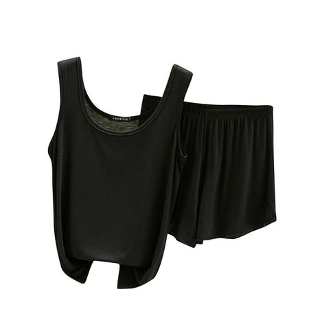 Scyoekwg Womens Sets 2 Piece Outfits Summer Thin Loose Strap Solid Color Sleeveless Tank Tops Shorts Casual Two Piece Set (Black XL)