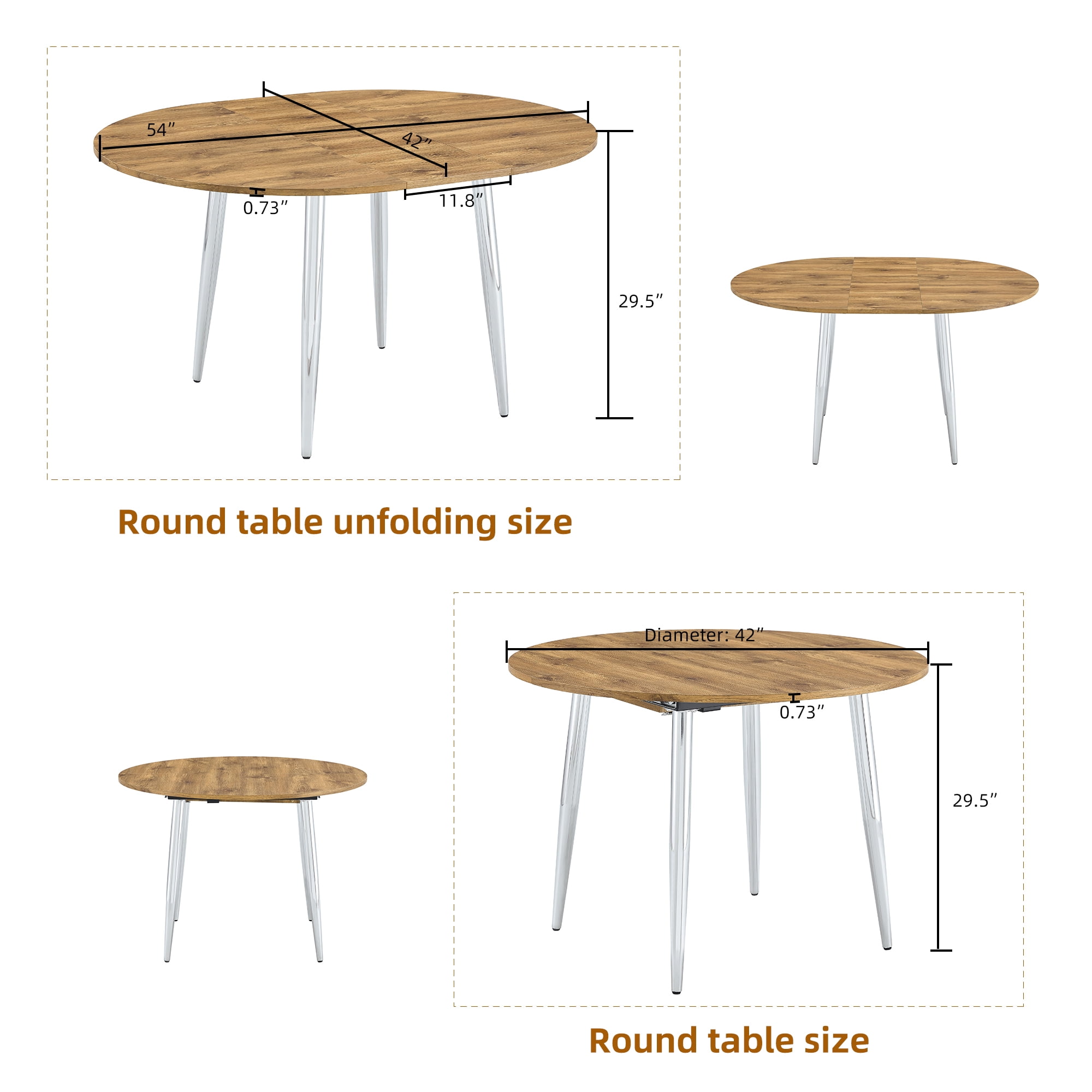 Mintazer Extendable Round to Oval Dining Table with Natural Wood Grain MDF Top & Chrome Metal Legs, Modern Kitchen Table for 4-6 People, Natural