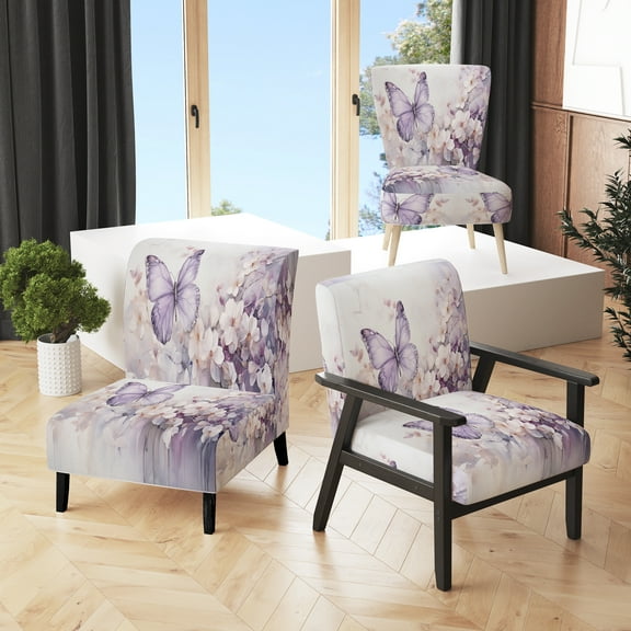 Designart "Purple Butterfly captivate Flight II" Purple Animals Upholstered Accent Chair - Modern Arm Chair For Living Room