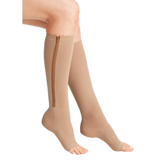 Open Toe Compression Socks for Women and Men, 2 Pair, Zippered Knee Length Coverage, Relieve Inflammation, Swelling and Fatigue in Legs, Calf, Ankles, or Feet Free Eyeglass Pouch (L, Beige)