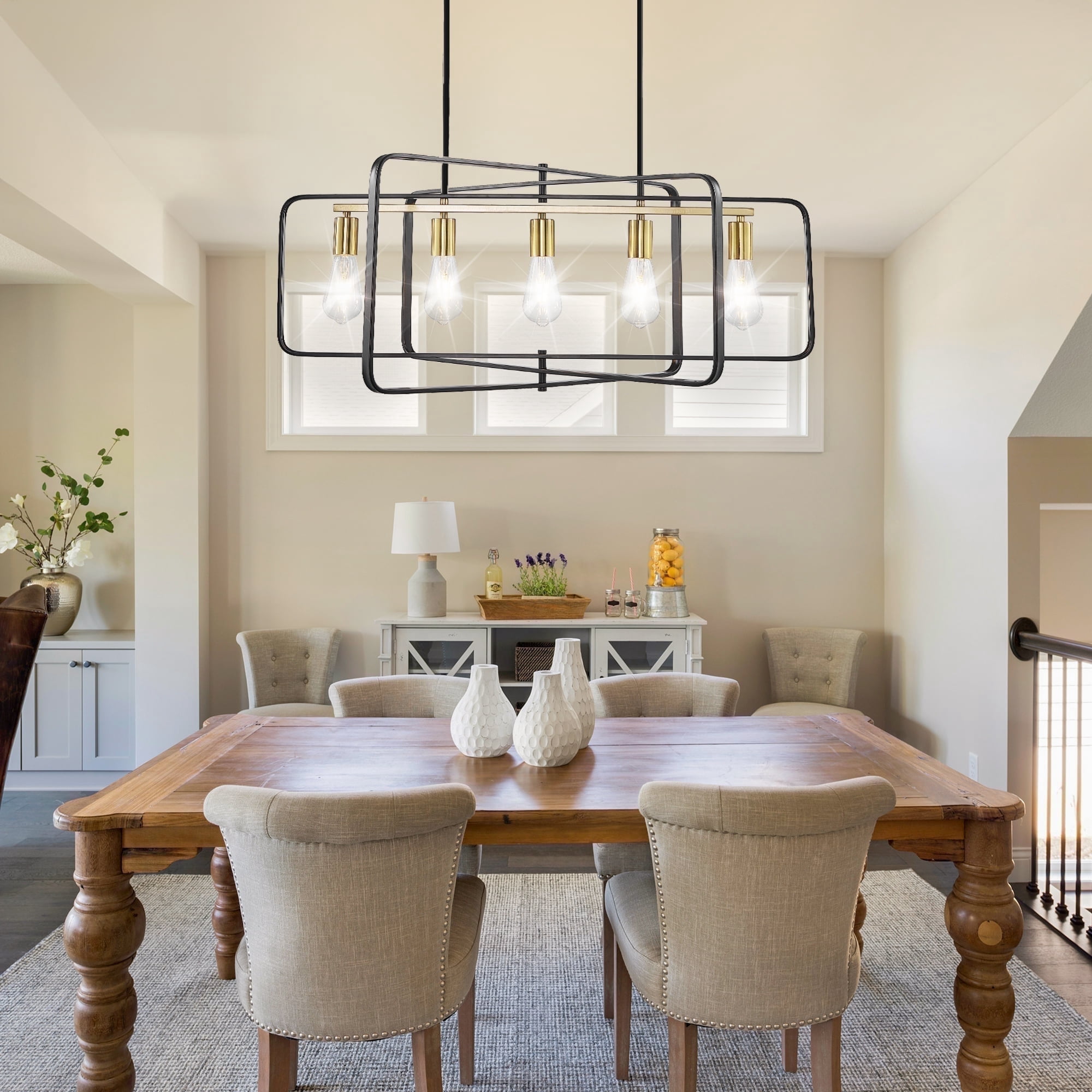 bokifol 5-Light Black Gold Farmhouse Chandelier Rectangle Ceiling Fixture for Dining Room