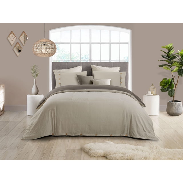 Reversible Natural Crinkle Fabric Ultra Soft Solid Duvet Cover Set - Beautiful Button Closure