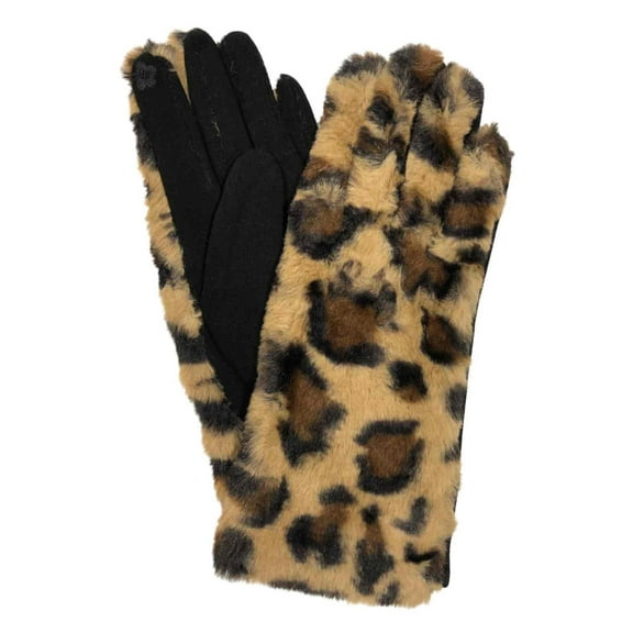 Womens Brown Faux Fur Leopard Print Stretch Fit Text & Tech Touchscreen Gloves