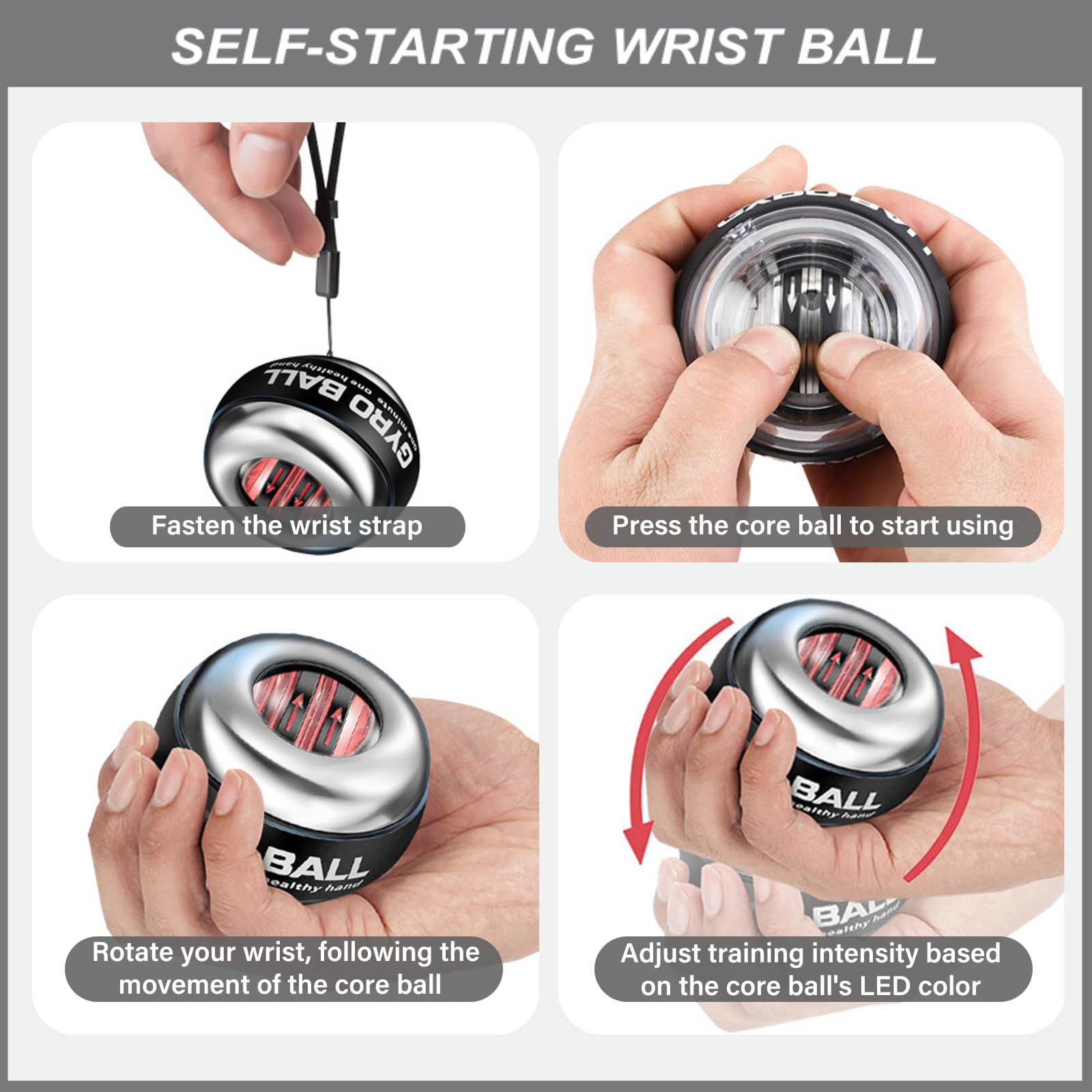 (2026 New 6-Level Color-Shifting) All-Metal Power Gyro Ball, Weighted Auto-Start Hand Wrist Forearm Trainer and Strengthener for Exercise Joint and Muscle with Led Light (with Ball Bag)
