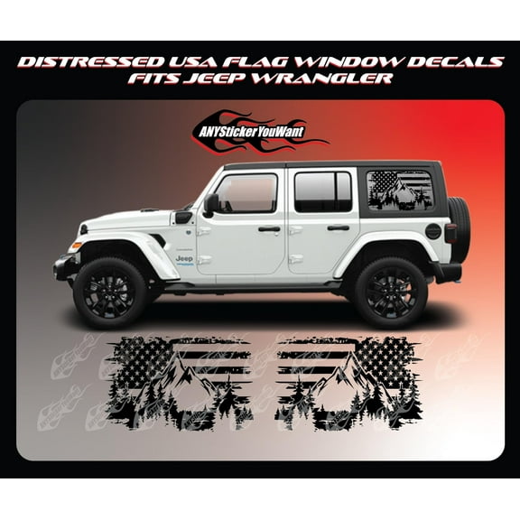Distressed American Flag & Mountains Window Decals Compatible with and Fits Jeep Wrangler JL 2016-2022 - Set of Two