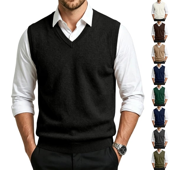 Dwellite Sweater Vest for Men Casual Sleeveless Knit Pullover V Neck Solid Knit Business Office Fall Winter Sweaters Black S