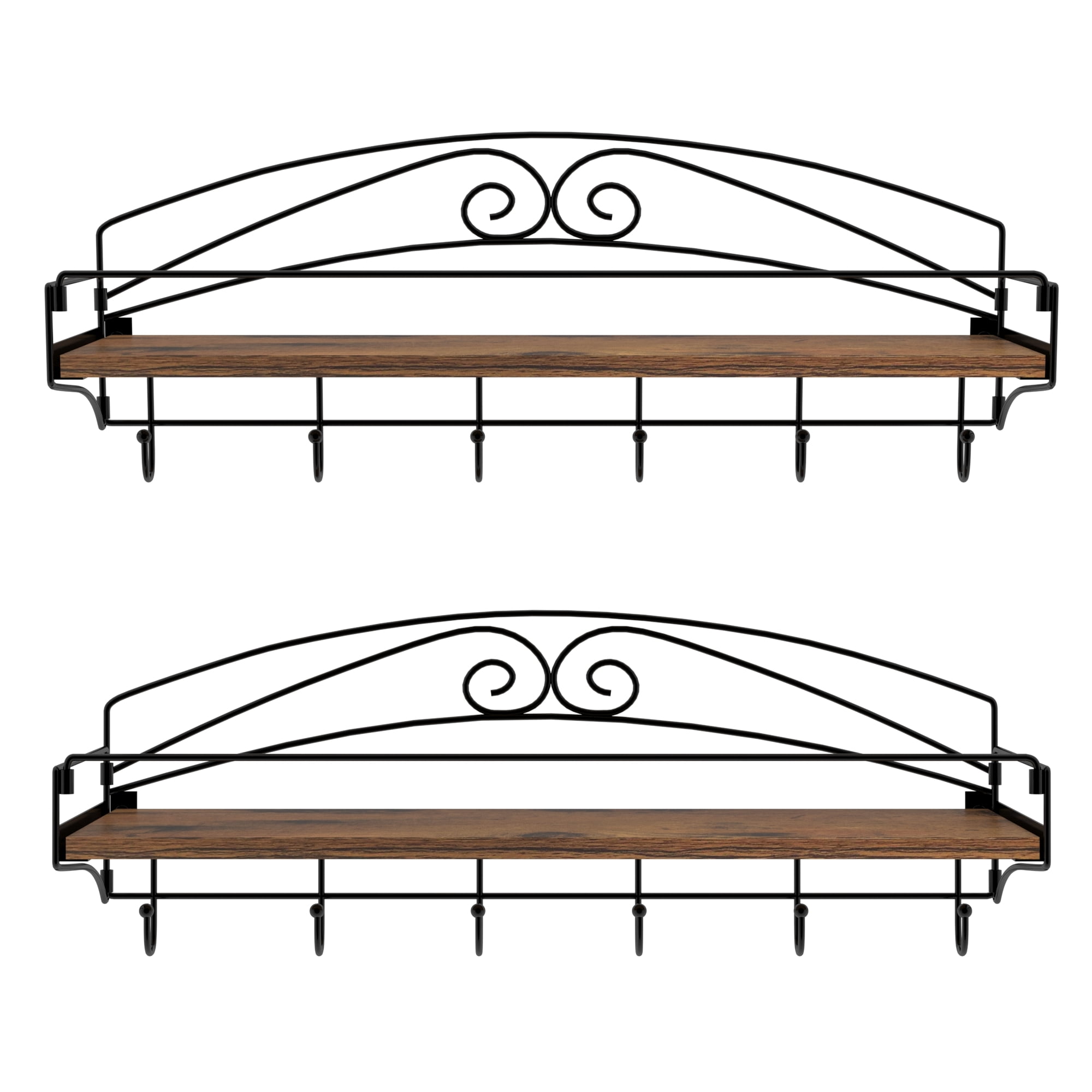 Floating Shelves with Hooks Set of 2, Black Metal Wire Scroll Wall Art Decor Shelf for Living