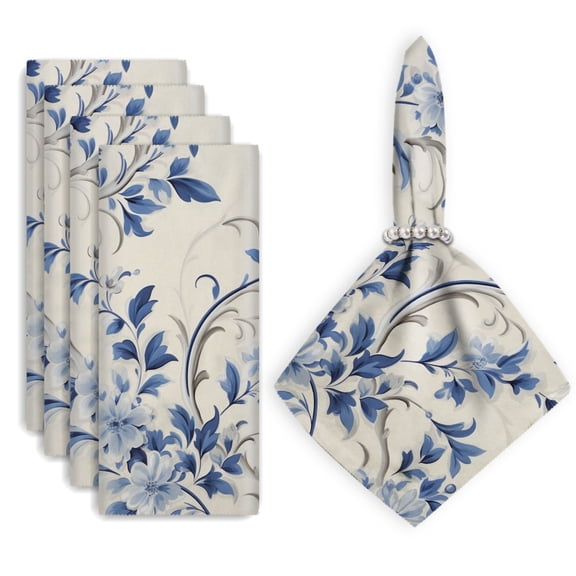 Bahomeck Cloth Napkins Set Of 4,18*18 Inch Washable Polyester Napkins Dining Table Napkins Weddings Party Dinner Parties(Blue And White Porcelain-Style Floral With Vines And Leaves)
