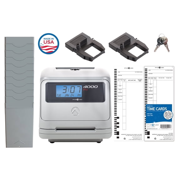 Pyramid Time Systems 4000 Pro Auto Totaling Time Clock Bundle with 125 Time Cards, 2 Ink Ribbons, Card Rack & Keys for Up to 50 Employees