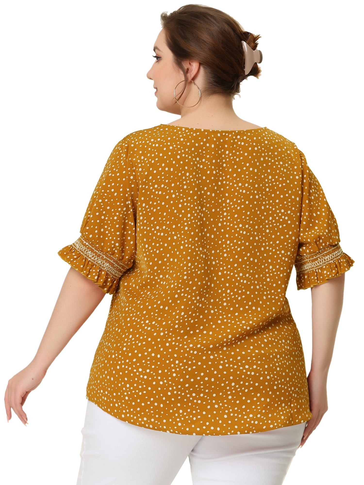 Unique Bargains Women's Plus Size Dots Heart Smocked Short Sleeve Blouse 3X Yellow