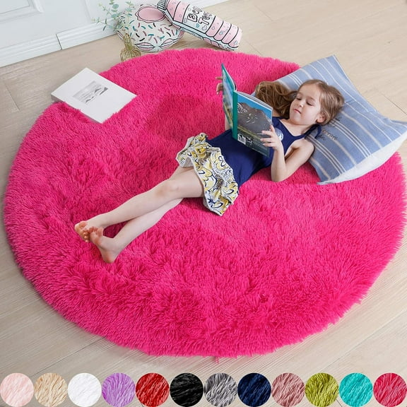 Hot Pink Fluffy Circle Round Rug 4'X4' for Kids Room, Furry Carpet for Teen Girls Bedroom, Shaggy Circular Rug for Nursery Room, Fuzzy Plush Rug for Dorm, Pink Carpet, Cute Room Decor