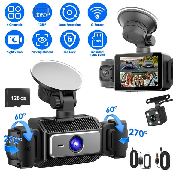 Imountek 4 Channel Car Dash Cam 1080P Front, 720P Interior, 480P Rear with 128GB Card, G-Sensor, Parking Monitor, Night Vision