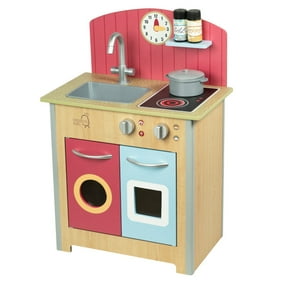 Teamson Kids Little Chef Porto Classic Wooden Kitchen Playset with Interactive Features and 4 Play Cooking Accessories, Natural/Red, 18.75" x 12.25" x 27"