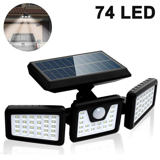 Lampe de sécurité solaire, projecteur extérieur à LED avec 3 têtes  réglables, étanche IP65, projecteurs rotatifs à 360°, jardin extérieur,  porche 