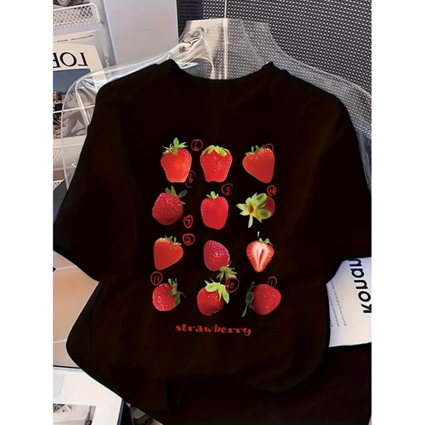 Summer Vibes) Strawberry Print Casual Tee - Short Sleeve Loose Fit Summer Top with Fun Strawberry & Letter Design, Soft Polyester-Spandex Blend, Machine Washable, Perfect for Casual Attire, Breathabl