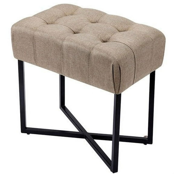 BirdRock Home Rectangular Tufted Beige Foot Stool Ottoman with Black Legs - Linen Vanity Chair - Soft Compact Padded Seat - Bedroom and Kids Room Chair - Metal - Makeup Seat