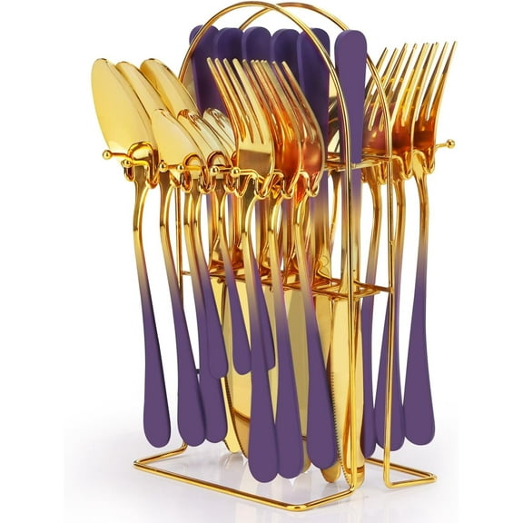 24 Pieces Flatware Set, Stainless Steel Cutlery Set with Silverware Holder, Modern Gold Silverware Set Includes Dinner Knives Forks Spoons,Hanging Silverware Set Service for 6 (Purple)