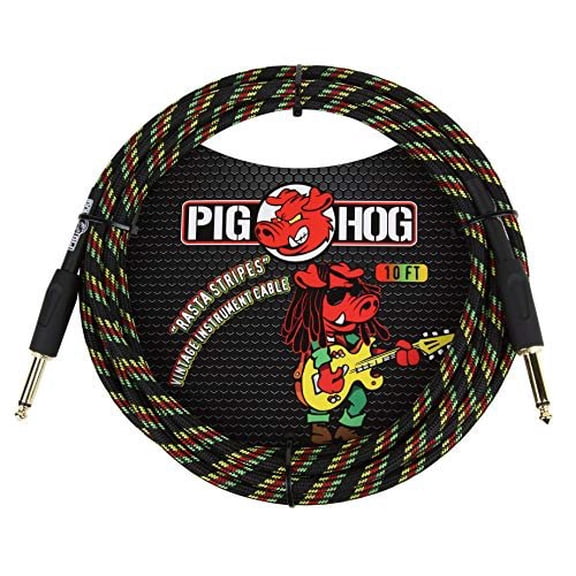 Pig Hog PCH10RA 1/4" to 1/4" Rasta Stripes Guitar Instrument Cable, 10 Feet