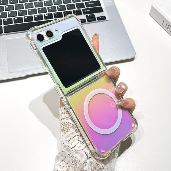 Magnetic Iridescent Clear Case for Samsung Galaxy Z Flip 5 5G [Compatible with MagSafe] Crystal Cute Laser Shockproof Protective Slim Phone Cover for Women Men - Iridescent Design