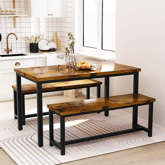 AWQM Dining Table Set with Two Benches, Kitchen Table Chairs Set for 4-6 Persons for Home, Kitchen and Dining Room,Industrial Brown