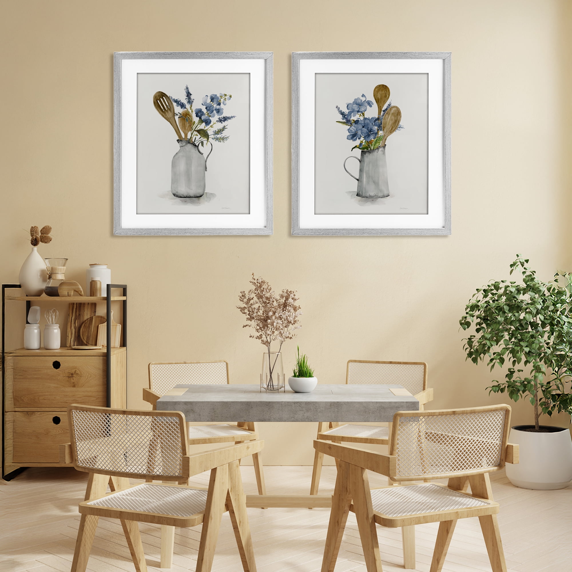 Stupell Industries Kitchen Pitcher Bouquets 2 Piece Gray Framed Print Under Glass Set, design by Carol Robinson