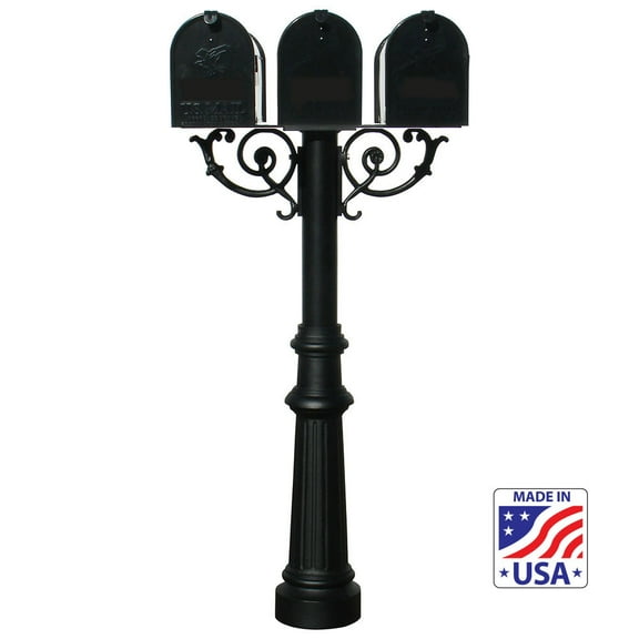 QualArc HPWS3-US-800-E1 6 in. The Hanford TRIPLE Mailbox Post System with Scroll Supports - Black