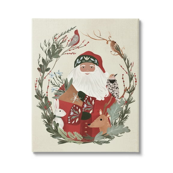 Santa Claus Holiday Wildlife Leaf Botanical Border Animals & Insects Painting Gallery-Wrapped Canvas Print Wall Art
