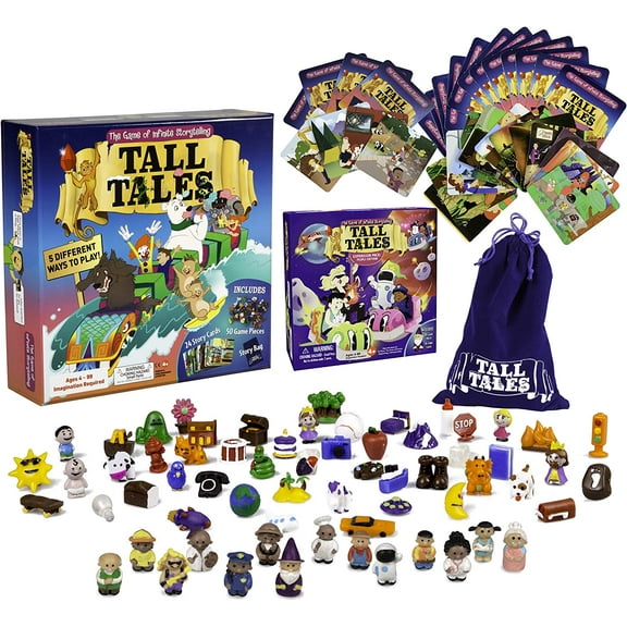 SCS Direct, Tall Tales Board Game & Expansion Combo Pack (93 Piece Set) - Educational Storytelling Game w Story Cards & Game Pieces for 5 Ways to Play for Kids & Adults