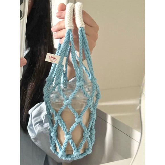Handwoven Cotton Linen Beverage Holder Insulated Cup Sleeve Portable Mesh Pouch for Travel Commute Hiking 1-Pack