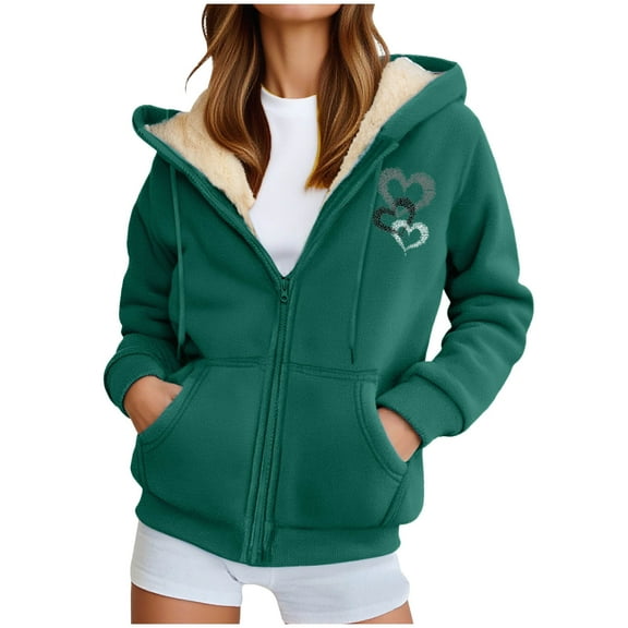 qucoqpe Sweatshirt for Women Fashion Heart Print Fleece Hooded Jacket Fall Winter Long Sleeve Warm Coat Tops