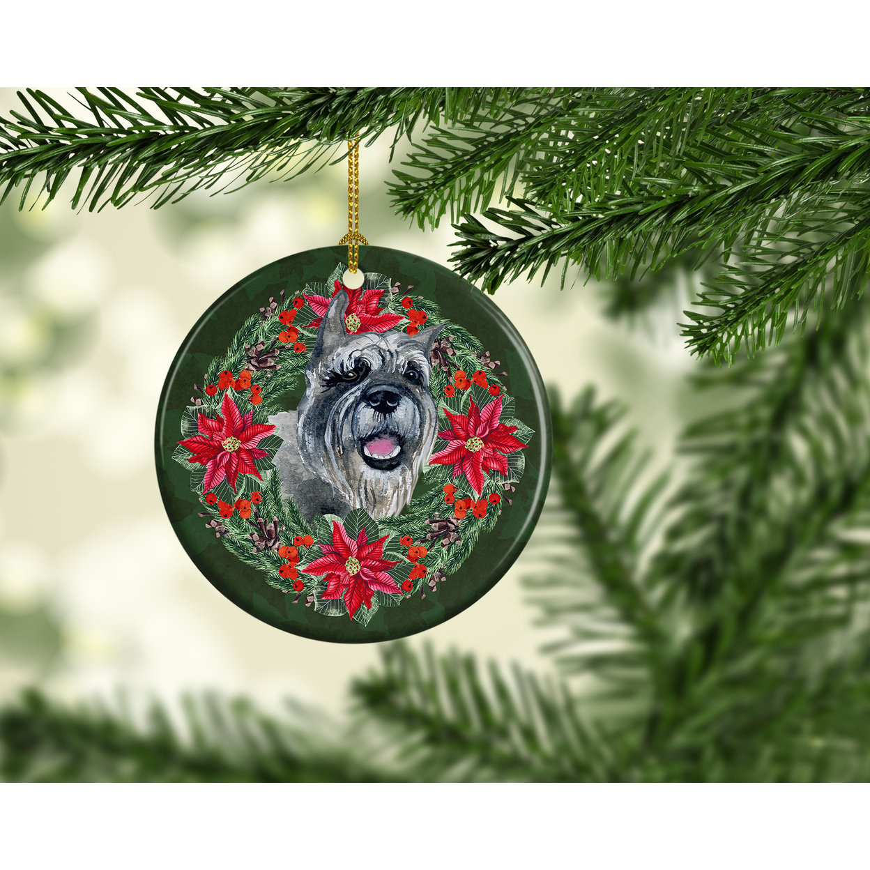 Schnauzer Poinsetta Wreath Ceramic Ornament 2.8 in x 2.8 in
