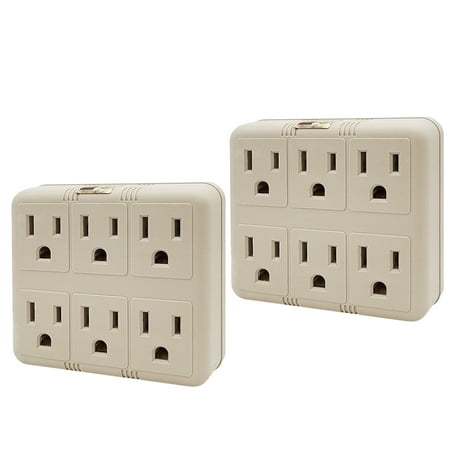 - (2-pack) Grounded Wall Tap 6 Outlet AC Power Adapter Electrical Plug UL LISTED