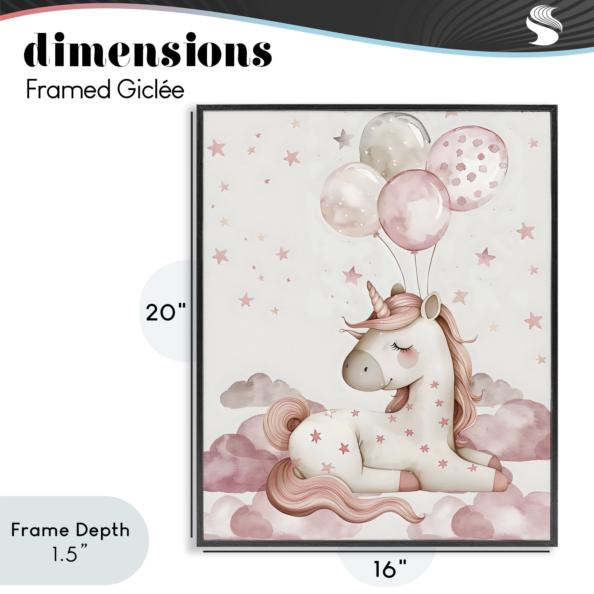 Stupell Industries Pink Unicorn with Balloons Black Framed Giclee Art, design by LSR Design Studio